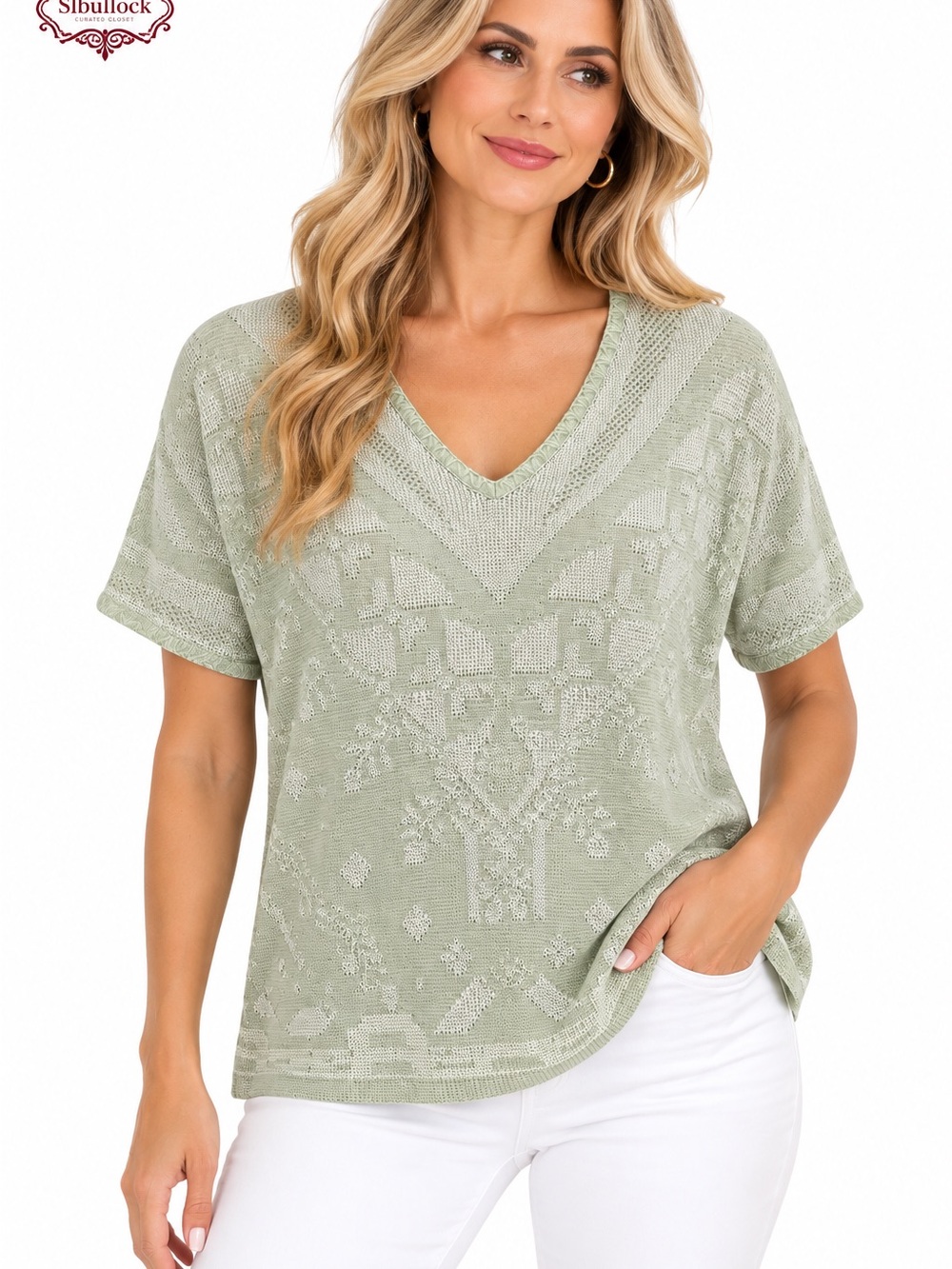 ZEEV’S Israel Sage Green Shimmer V-Neck Lightweight Knit Top